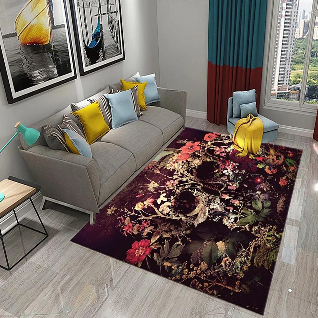 Flower Skull Carpet Skeleton Skull Bone Design Living Room Bedroom And Kitchen Bathroom Non-Slip Decor