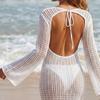New Women's Dress with Sheer Mesh Front, Deep V-neck, Slim Fit, Long Beach Skirt, Sun Protection, Vacation Turtleneck Top