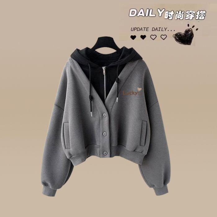 Women's 2 Piece Tracksuit Set Fake Two Piece Hooded Crop Sweatshirt & Elastic Waist Wide Leg Pants Loose Casual Spring Fall Matching Outfit