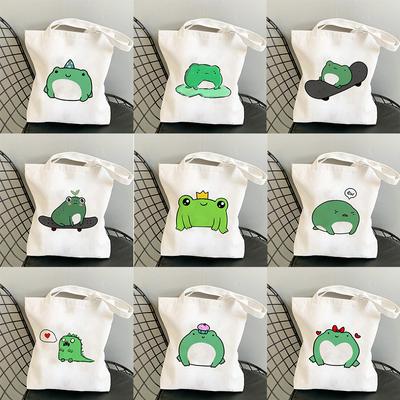 Sevimli Kurbağa Alışveriş Çantası Alışveriş Çantaları Tote Kanvas Çanta Harajuku Yeniden Kullanılabilir Büyük Kapasiteli Kawaii Kadın Rahat omuzdan askili çanta Çanta