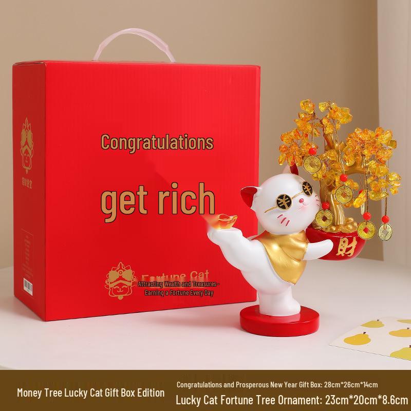 Lucky Cat Crystal Wealth Tree Ornament - High-End Housewarming Gift for New Home Entrance.