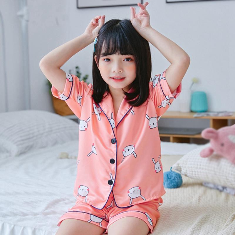 

Children s Pajamas Short Sleeved Tops And Shorts Two Piece Set Of Kids Imitation Silk Pajamas 100
