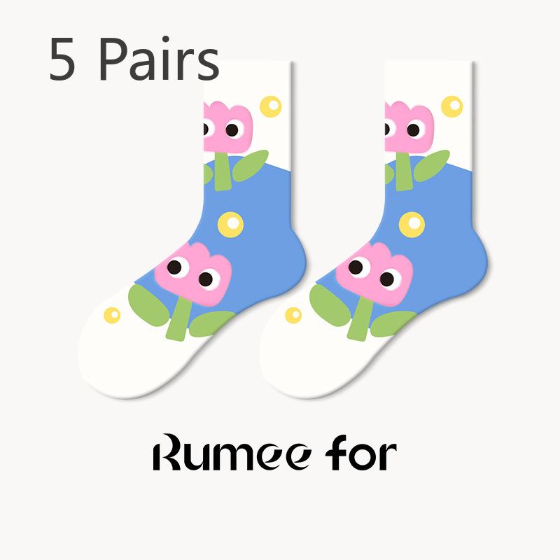 5 Pairs of Female Spring Cartoon Non Slip Sweat Absorption Leisure Lovely Tube Socks