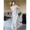 Retro Temperament Butterfly Floral Suspender Dress Women's Summer French Vacation Style Pure Desire Swinging Collar Irregular Long Dress