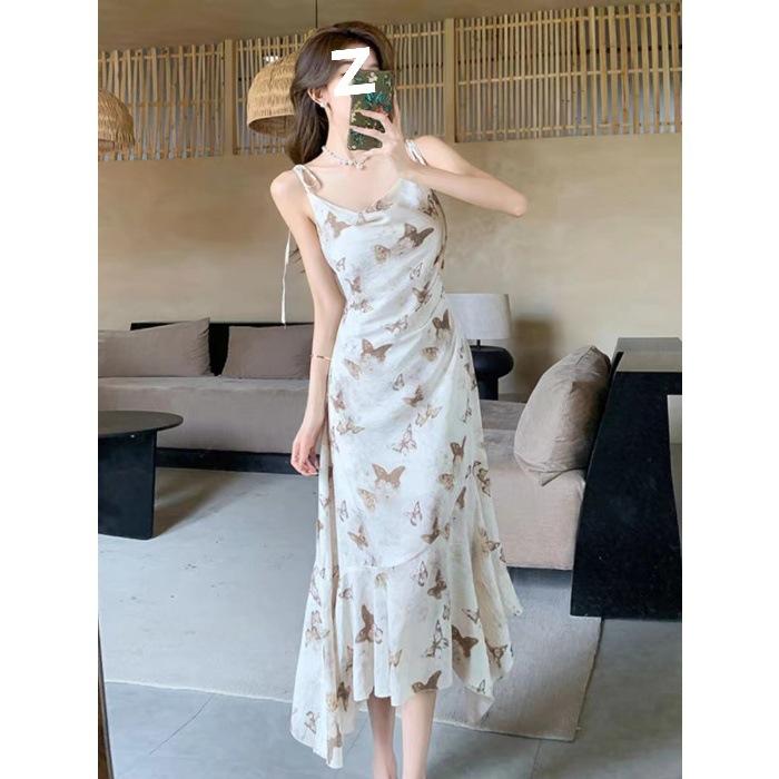 Retro Temperament Butterfly Floral Suspender Dress Women's Summer French Vacation Style Pure Desire Swinging Collar Irregular Long Dress