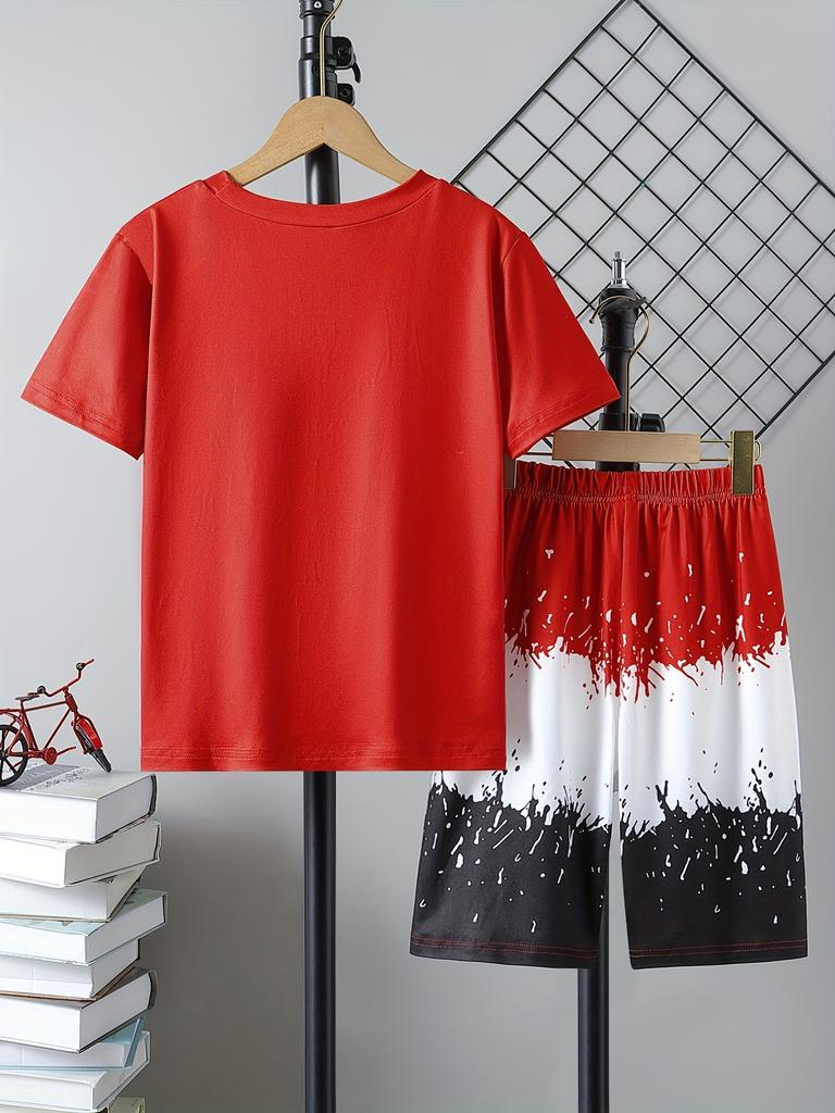 Boy's 2pcs, T-shirt & Shorts Set, Color Block Short Sleeve Top, Casual Outfits, Kids Clothes For Summer