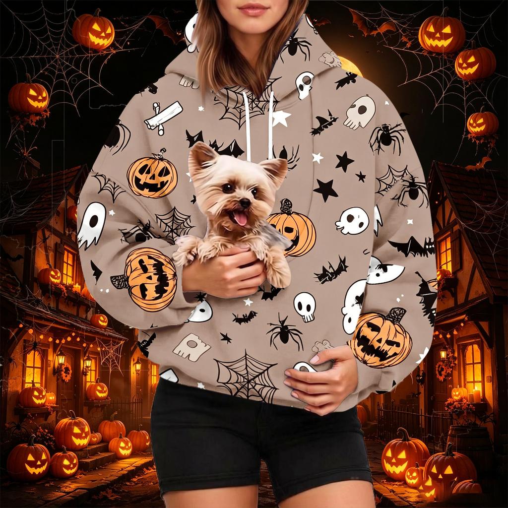 Dámská módní mikina s kapucí a potiskem na Halloween s kapsou na mazlíčka, ležérní mikina