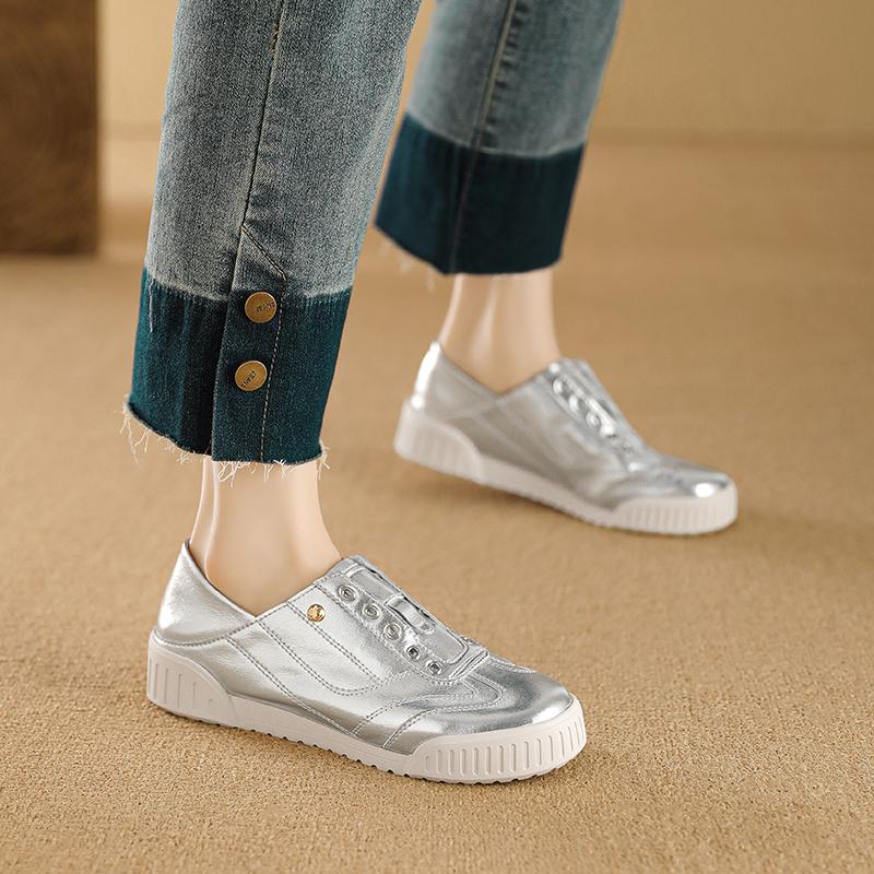 2024 Nové Dámské Kožené Tenisky Bílé Stříbrné Ploché Ležérní Boty Pohodlné Boty na Chůzi Vysoká Kvalita Dámská Sportovní Obuv