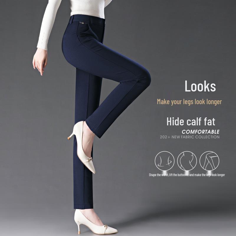 2024 Spring & Autumn Black Elastic High-Waisted Straight-Leg Pants for Women - Slimming, Versatile, Casual Fit for Middle-Aged Moms