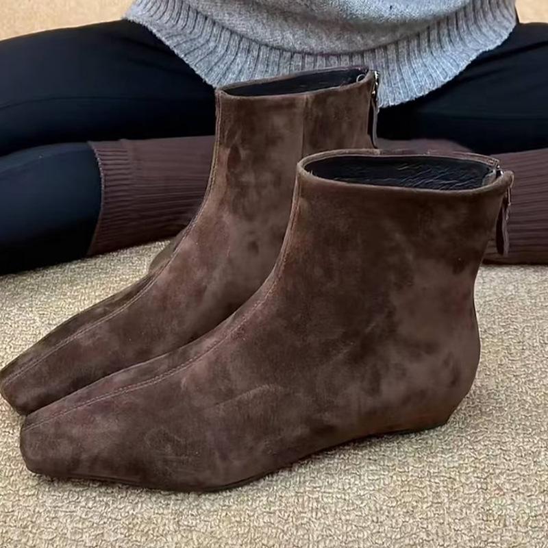 Calfskin version! Huge good-looking short boots for women's versatile commuting style square head rear zipper and ankle boots inner height-increasin
