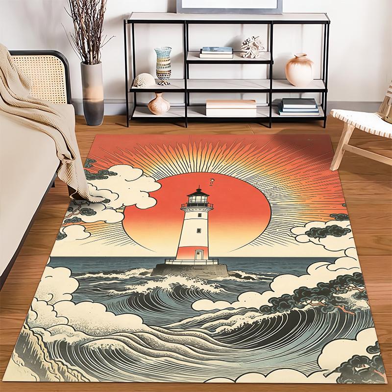 Lighthouse Sunrise Scene Carpet with Ocean Waves and Cloud Design Suitable for use as an anti-slip for living room bedroom sofas