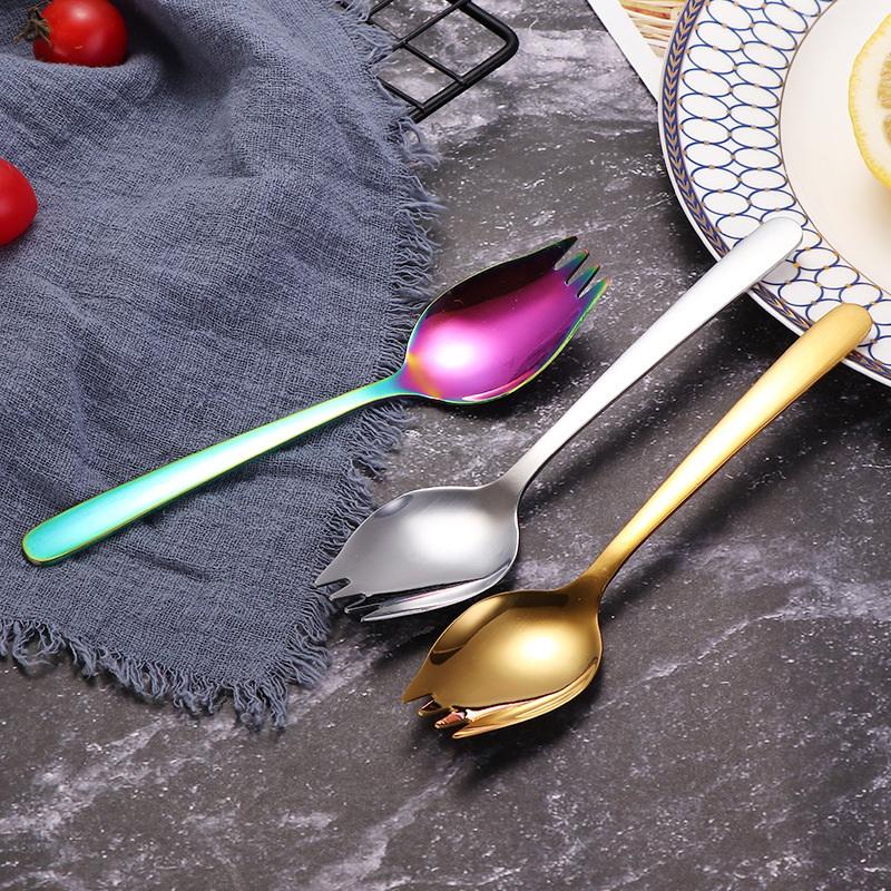 Cuchara y Tenedor de Acero Inoxidable Combinados, Cuchara para Ensalada Doméstica, Tenedor para Fruta, Cuchara para Sopa, Cubiertos Portátiles