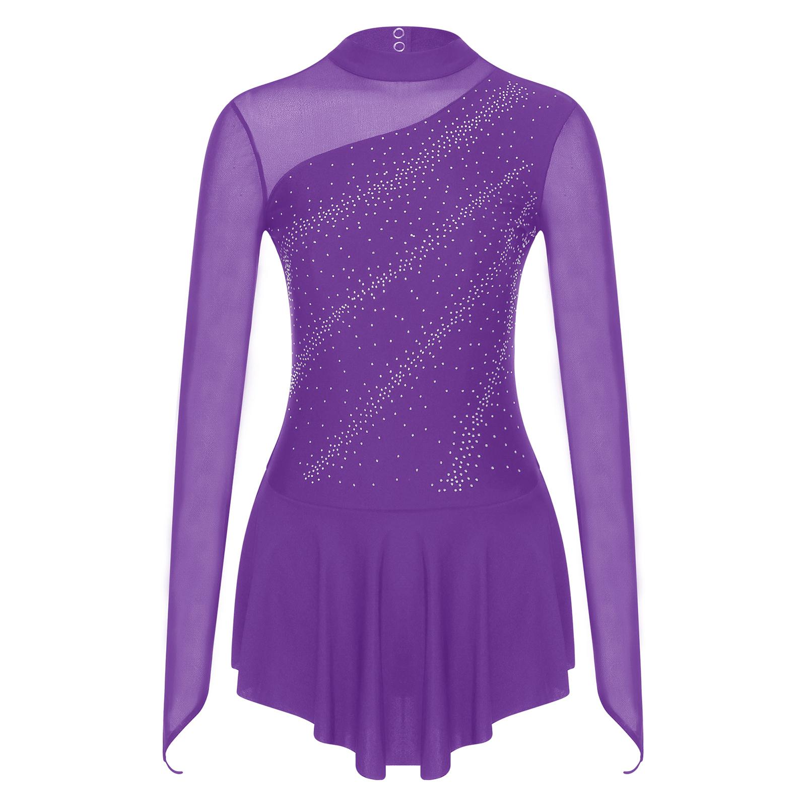 WinYing Womens Figure Skating Dance Dress Glitter Rhinestone Sheer Mesh Patchwork Long Sleeve Leotard XXL paars