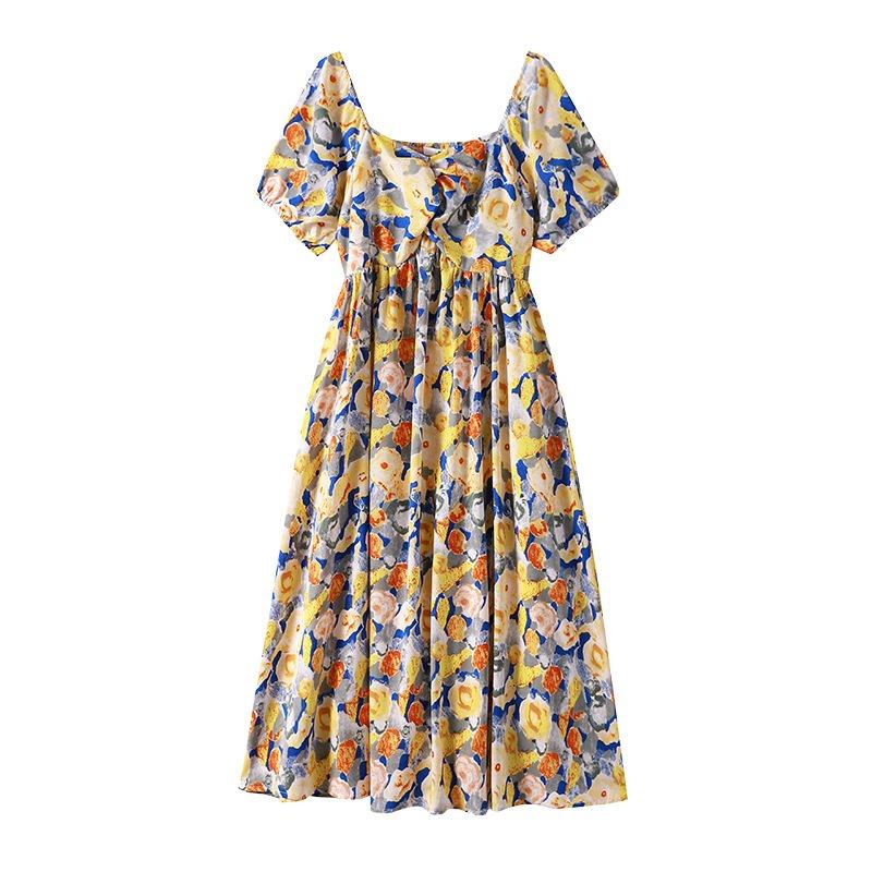 Letnia sukienka damska plus size, temperamentna, luźna, zakrywająca ciało, z kwadratowym dekoltem, modna, w kwiaty, z krótkim rękawem