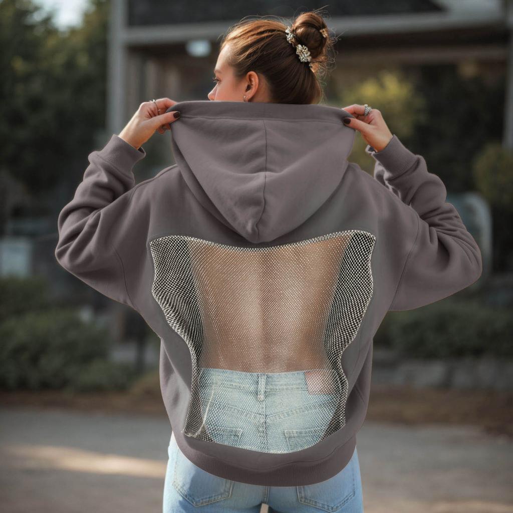 Harajuku Kapuzenpullover Damen Rückenfrei Netz-Patchwork Hoodies Streetwear Transparente Pullover Sport-Sweatshirt Tops