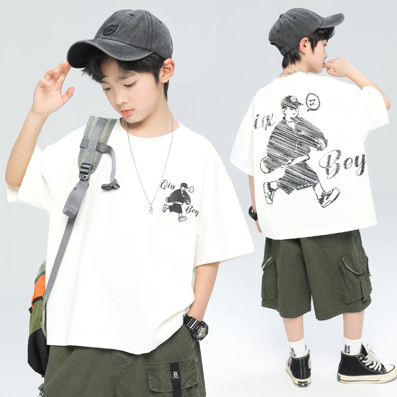 Boys' Short sleeved Thin T-shirt 2026 New Mid to Large Children's Summer Top Children's Quick drying Fried Street Summer Fashion T