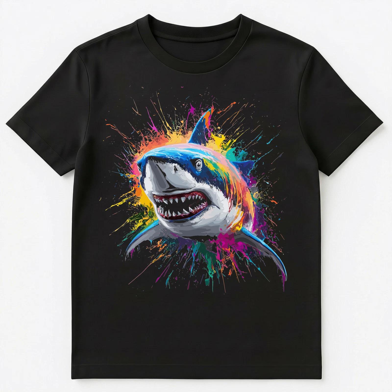 Colorful Paint Splash Shark Art Graphic Unisex T-Shirt XL