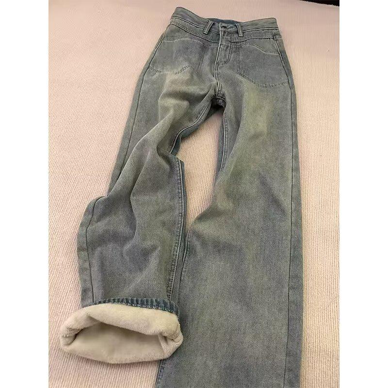 Plus Size High-Waisted Velvet Wide-Leg Jeans for Pear-Shaped Women - Autumn/Winter Slimming and Hip-Covering Pants