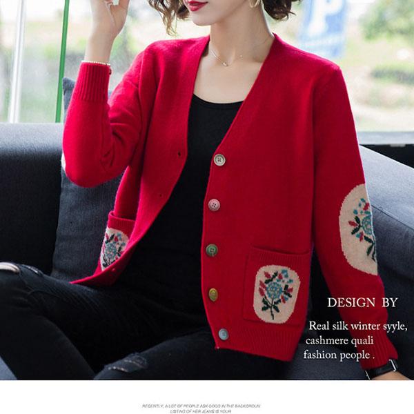 Spring Autumn Women's Knitted Cardigan Sweater Short Loose Thin V-Neck Knit Sweater Long Sleeve Printed Knitted Jacket Outwear