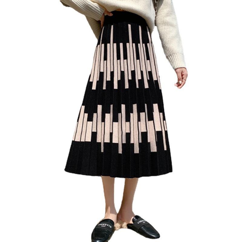 Thickened Autumn/Winter Knitted Skirt for Women High Waist Striped Knitted Pleated Skirt
