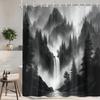 Black Modern Printed Shower Curtain Dark Grey Misty Forest Waterfall Nature For Bathroom Decor