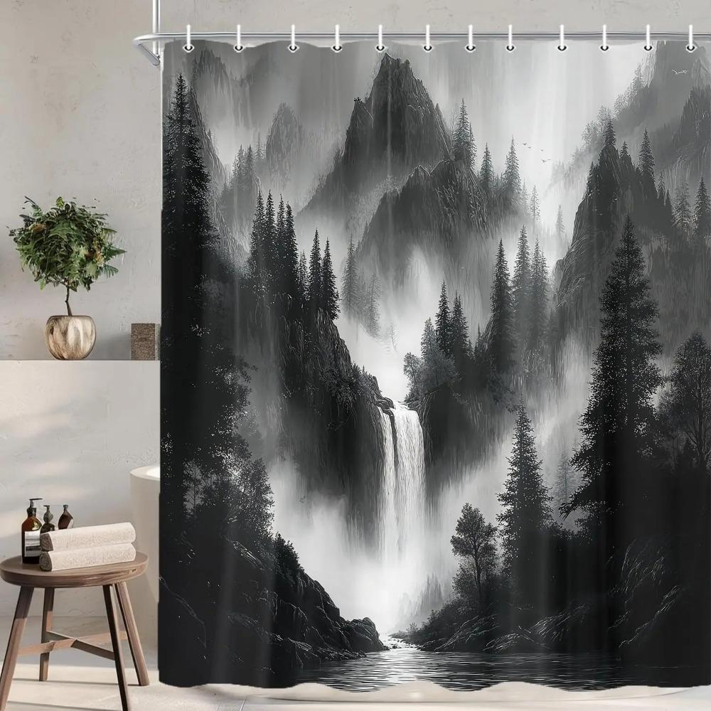 Black Modern Printed Shower Curtain Dark Grey Misty Forest Waterfall Nature For Bathroom Decor