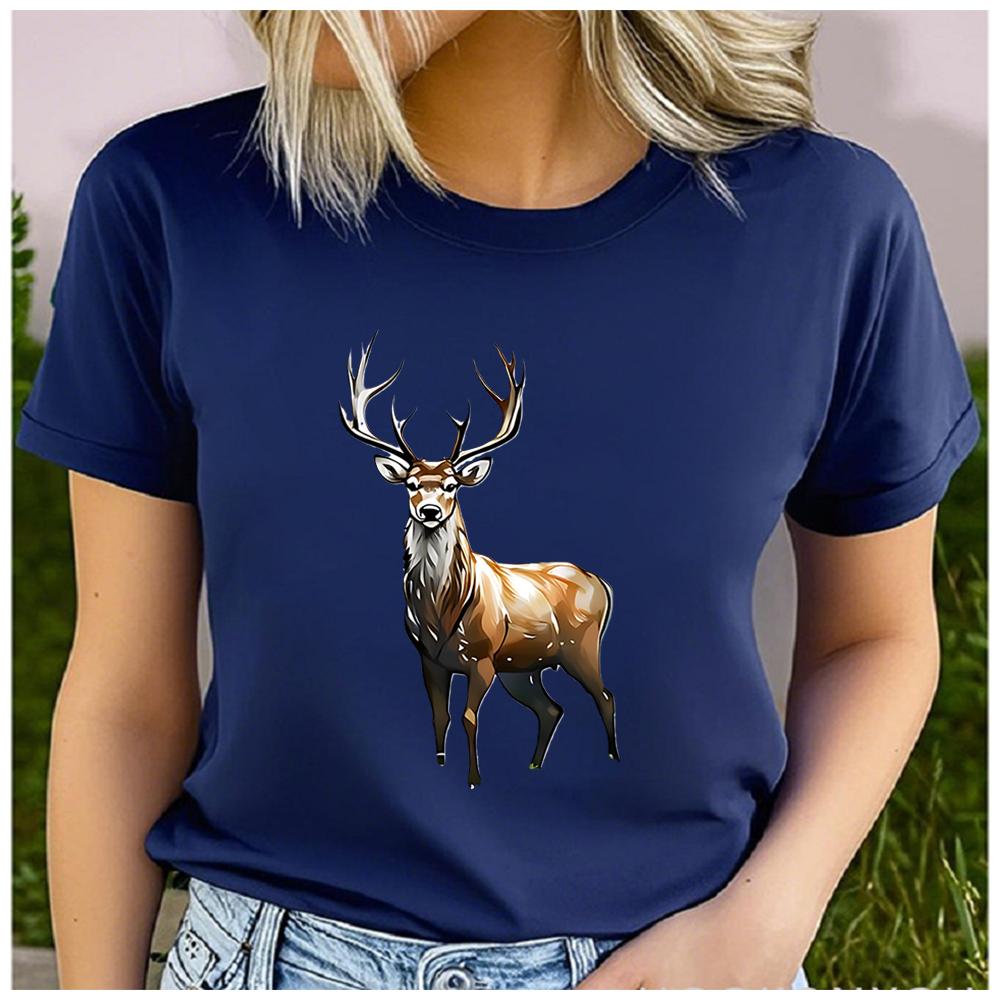 Unisex Polyester Summer Top with Stag Print Loose round Neck Short Sleeve Fashion for Astrology Lovers
