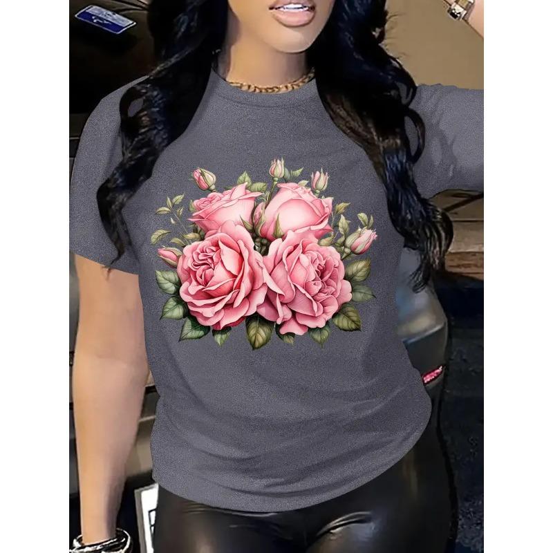 Sommar Rundhalsad 3D Rosmönstrad Topp Trendiga Casual Kortärmade T-shirts för Kvinnor