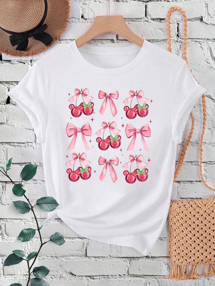 Ovely Style Fashion Summer Women Cherry Bow Print T Shirt Female Casual Top Tshirts Cartoon Graphic Tee T-Shirt
