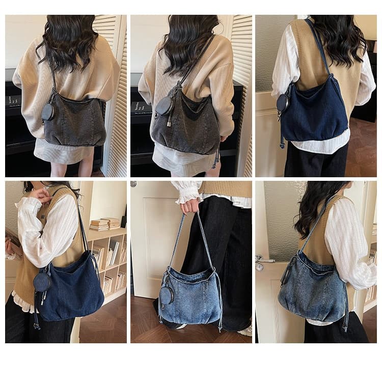 Vintage drawstring denim bucket bag women's shoulder messenger bag