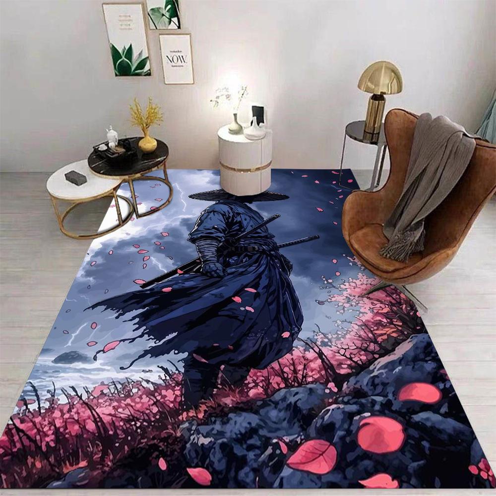 Samurai Warrior Carpet Mat Rug Red Sword Japanese Art Dark Theme Mountain Water Home Decoration Living Room Game Room Floor Mat
