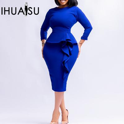 Einfarbiger Druck Langarm O-Ausschnitt Locker Damen Herbst und Winter Neue Mode Temperament Elegant Übergröße Pendler Bleistiftrock Kleid