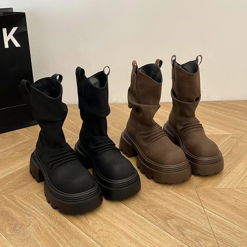Thick-soled Thin Pleated Martin Boots Women's Spring and Autumn Single Boots New Simple Stacking Boots Heightening Rhubarb Boots