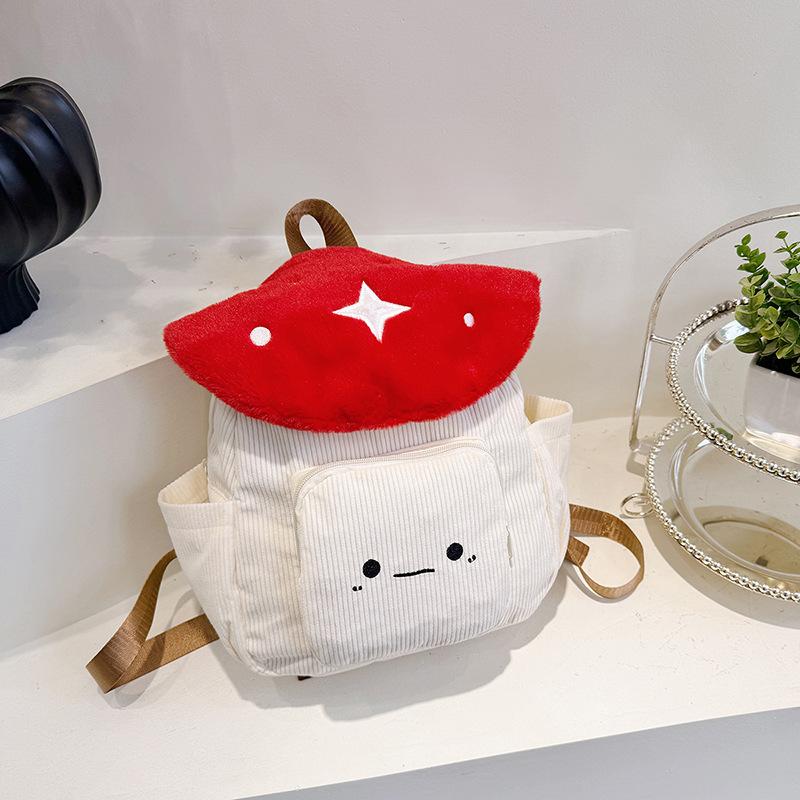 Women's Kawaii Plush Mushroom Backpack Cute Tote Bag with Adjustable Straps Zipper Closure Corduroy Red/White Student Backpacks