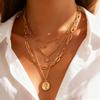 Cross Metal Coin Portrait Multi-layer Stackable Necklace - European & American Trend Jewelry with High-end Feel