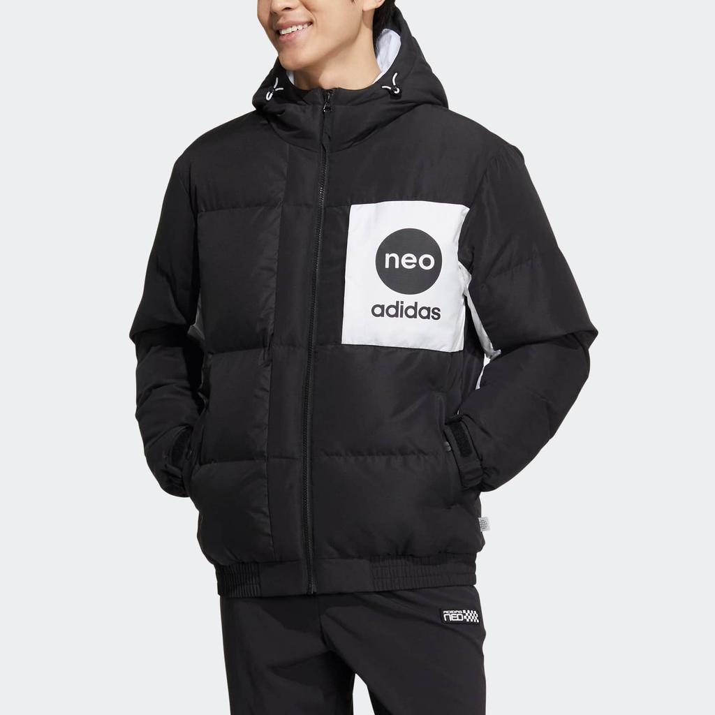 Adidas Neo Printed Large Logo Letter Hooded Zip Down Jacket Unisex Outerwear Black HM6171