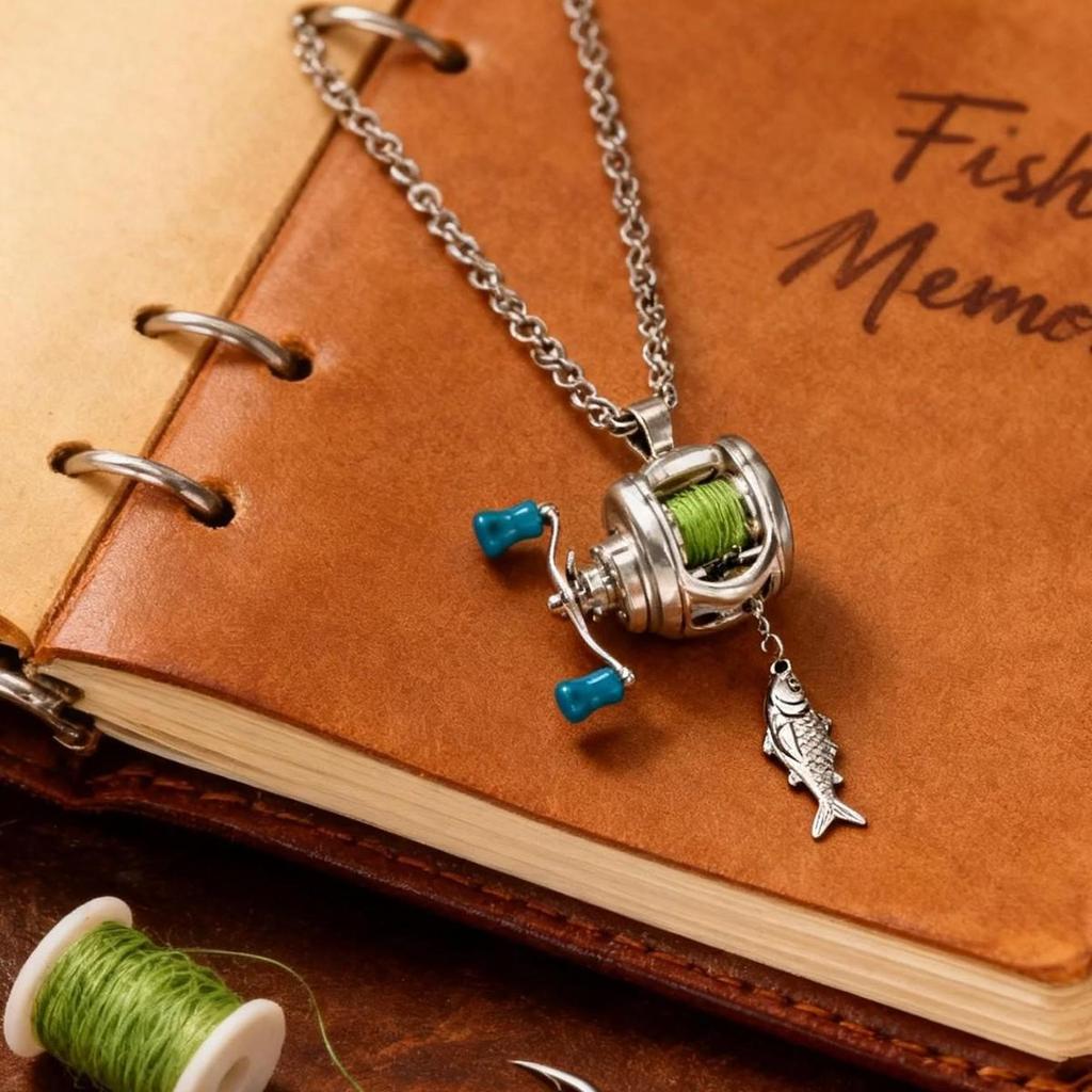 Men Women Mini Fishing Reel Jewelry Set Line Wheel Pendant Necklace Fashion Sporty Outdoor Fishing Jewelry Gift for Anglers