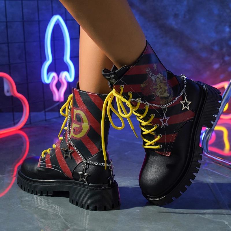 

Booties Fashion Round Toe Spliced Lace-Up Side Zipper Soft Sole Anti-Slip Wear-Resistant Block Heel Shoes 41