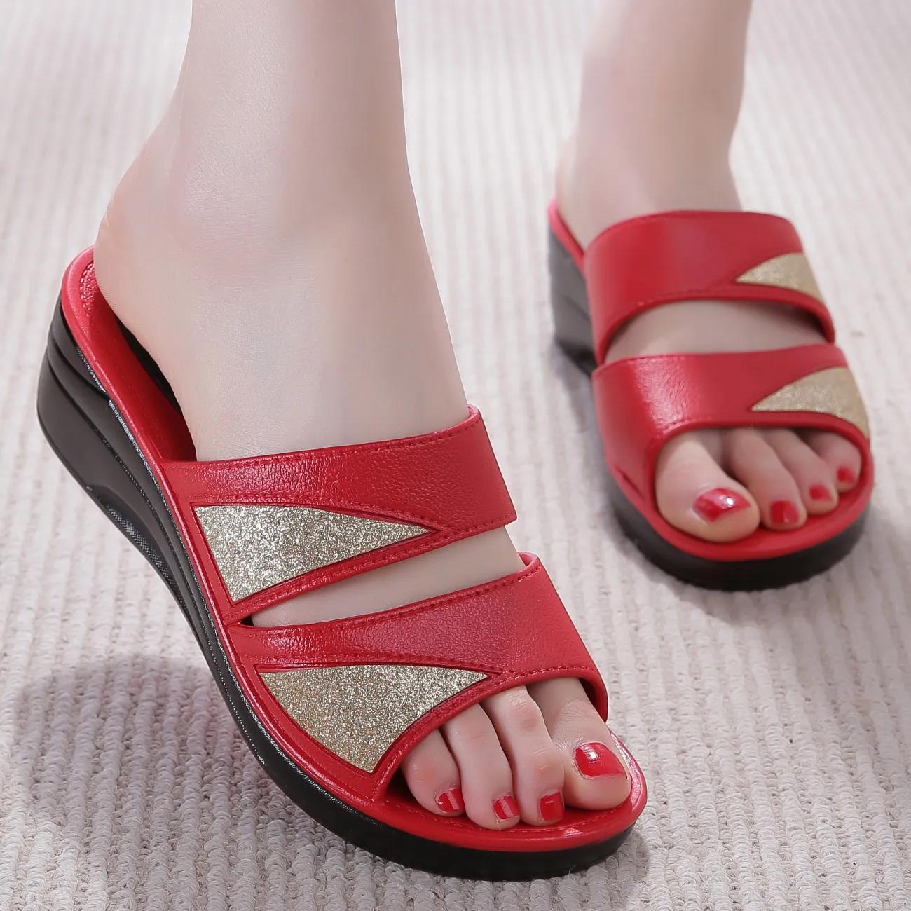 Damen-Hausschuhe, lässige Keilschuhe, Innen- und Außen-Hausschuhe, Damen, bequeme Hausschuhe mit dicken Sohlen, elegante Strandsandalen 38 rot