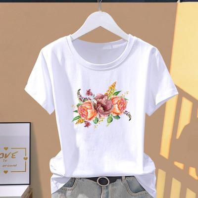 (Asian Size) Fashion Print Graphic Tee Flower Watercolor Lovely 90s  Female Casual T Clothing Casual Women's Summer Top Short Sleeve T-shirt