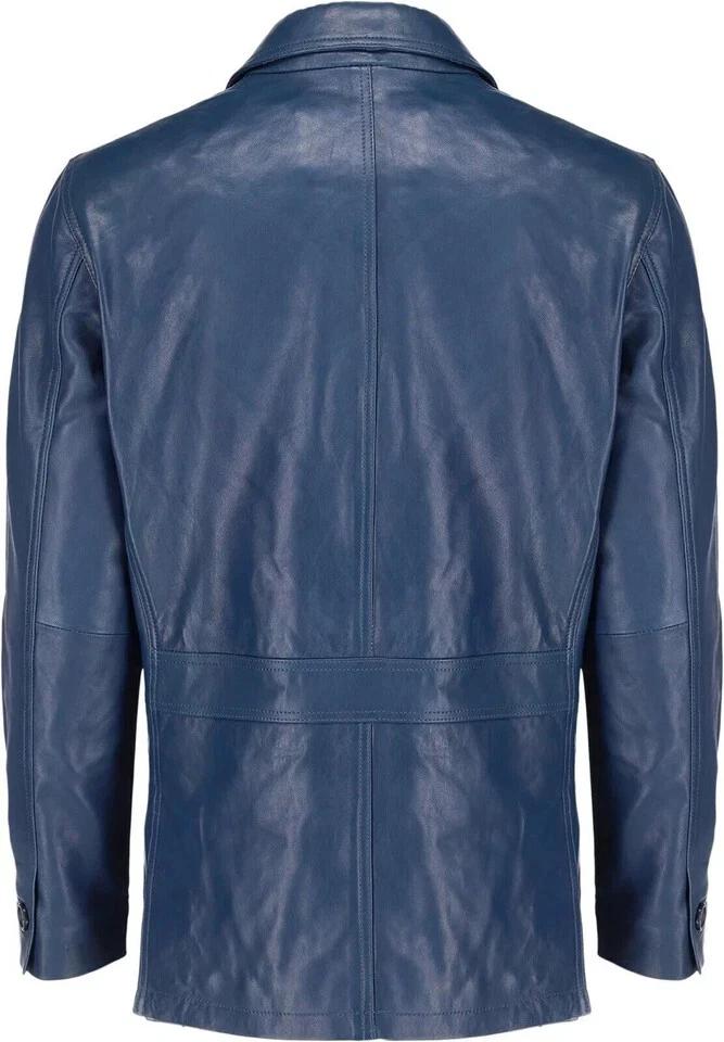 Formal Stylish Fashion Men Blazer Navy Blue Handmade Genuine Leather Lambskin