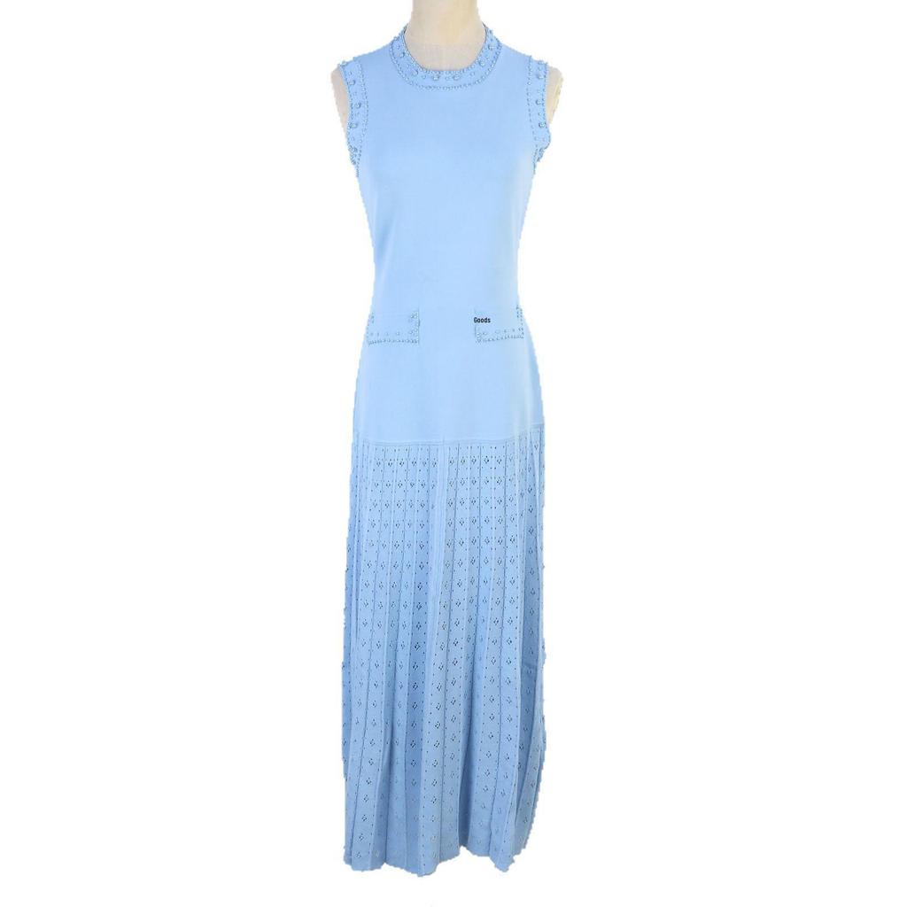 Elegant French Knitted Dress: Sleeveless, Beaded, Hollow-out Design, Slim Fit, Round Neck - Perfect for Spring/Summer