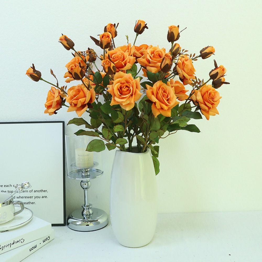 3 Head Simulation Rose Flower Luxury Fake Flowers Artificial Rose Branch  Outdoor Garden Decor