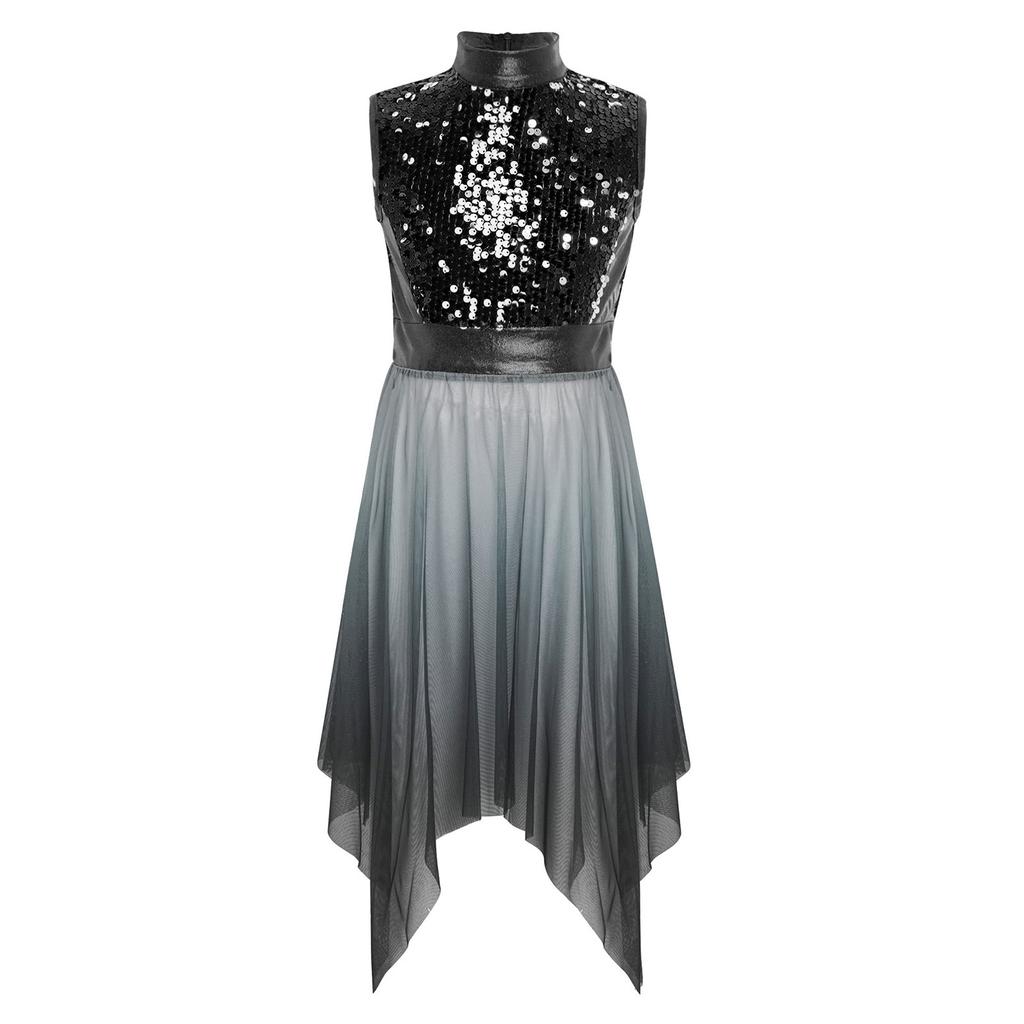 Girls Worship Praise Dance Tunic Dresses Mock Neck Sleeveless Asymmetrical Hem Shiny Sequins Bodice Dress Contemporary Dancewear