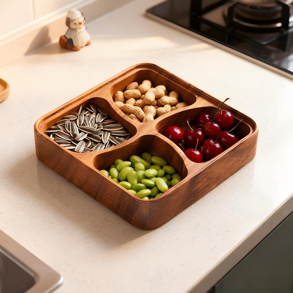 Wood Snack Bowl Natural Smooth Safe Organizer 4 Grid Wood Snack Bowl with Dividers for Friends Men Women Nuts Dried Fruit Home