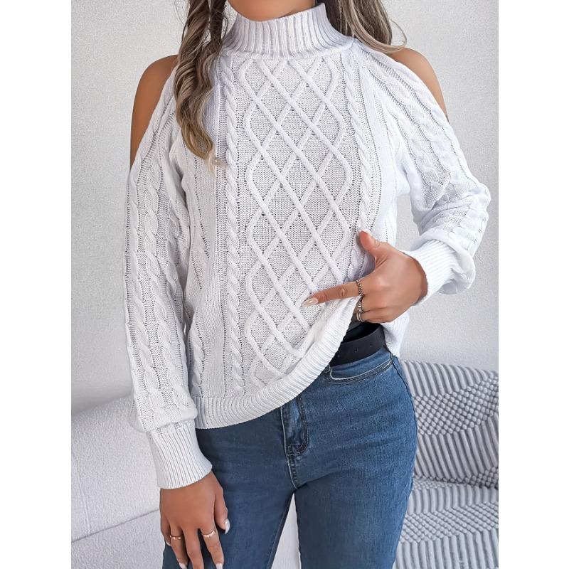 Women's Off-Shoulder High Neck Cable- Sweater - Soft Stretchy Long Sleeve Pullover, Solid Color Casual Chic Fall Winter Top, Highneck Pullover
