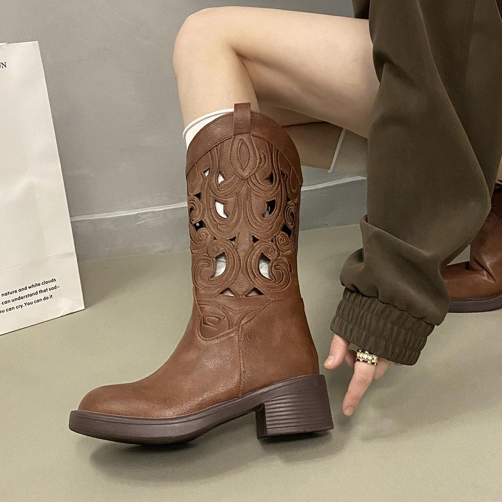Embroidered cowboy boots hollow boots women's breathable boots tall knight boots new summer fashion versatile leather boots