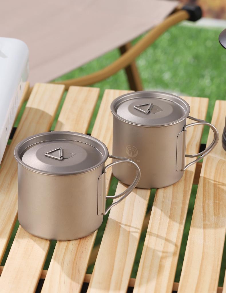 Pure Titanium Travel Mug with Lid and Folding Handle - Perfect for Coffee, Tea, or Water on Camping Trips