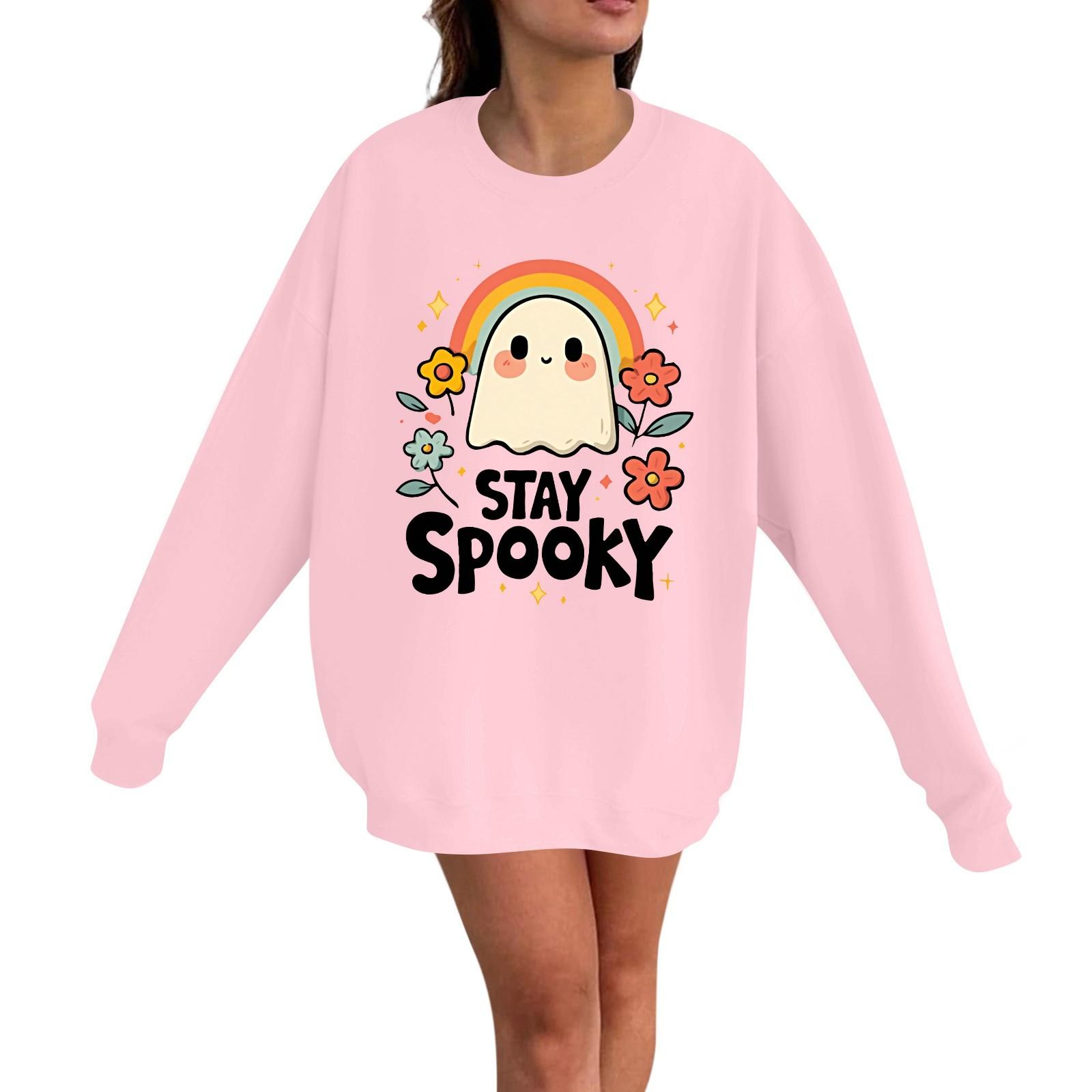 

Женский повседневный модный пуловер с длинным рукавом и принтом на Хэллоуин, с круглым вырезом XXL розовый