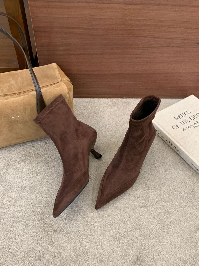 Pointed high-heeled thin short boots autumn temperament square buckle suede elastic short boots women's boots